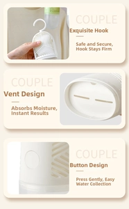 Detail view of hanging dehumidifier with hook design, intake vents and detachable water tank