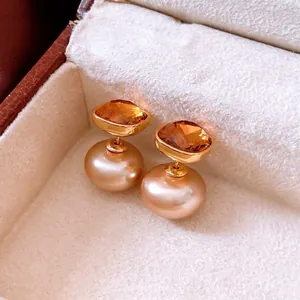 Elegant 18K gold plated pearl earrings with amber crystals in vintage style