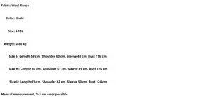 Size chart showing S to L dimensions for khaki faux suede jacket and shorts set