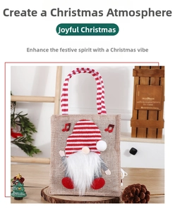Close-up of burlap Christmas gift bag with 3D gnome design on a festive wooden tray