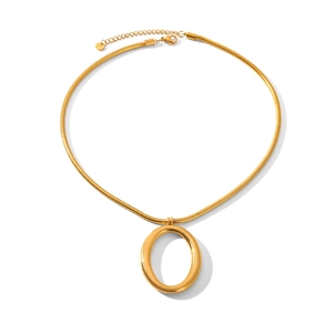 Macro shot of gold hollow oval pendant on a sleek snake chain with a glossy polished finish