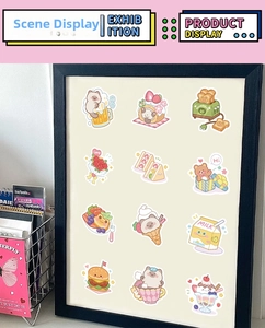 Detail view of 12 cute cartoon bear and food stickers displayed in a vintage photo frame