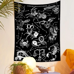 Détail d'une tapisserie noire des constellations avec des signes du zodiaque blanc