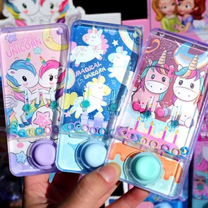 Handheld set of three colorful unicorn water pressure ring toss games in pink, blue, and purple