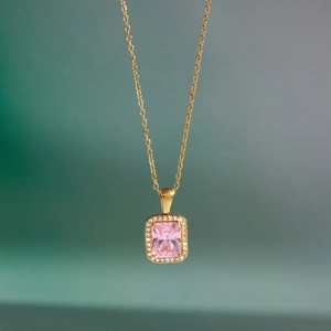 Elegant gold titanium steel necklace with a rectangular pink zircon pendant and crystal halo