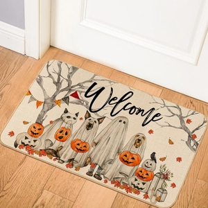 Halloween pumpkin dog welcome mat with non-slip texture for outdoor entryway