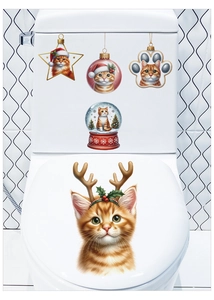 Detail of Christmas cat toilet seat decals with orange cat and reindeer antlers stickers