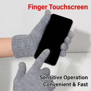 Winter thermal grey knit gloves for men with touchscreen tips for smartphone use
