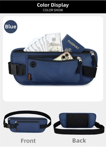 Blue running waist pack details showing RFID protection and high capacity storage