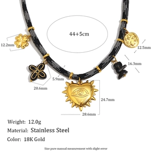 Collier en acier inoxydable plaqué or 18K avec pendentifs cœur et œil sur cordon noir