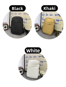 Detail view of the versatile crossbody bag showing black, khaki, and white color options