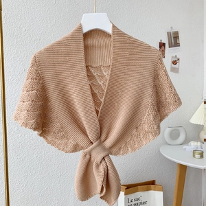 Elegant apricot knit shawl shrug with delicate crochet texture for women shoulder wrap