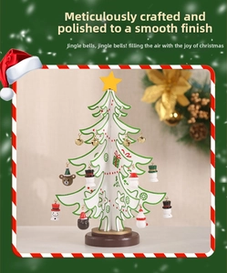 Detail view of a DIY wooden Christmas tree with mini ornaments and a solid wood base