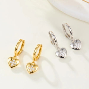 S925 sterling silver heart earrings with clover zircon in gold and silver finishes