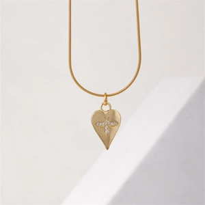 Golden heart pendant necklace with bee motif and crystals on sleek snake chain