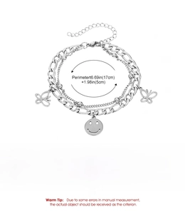 Double-layered stainless steel silver chain bracelet with butterfly and smiley charms