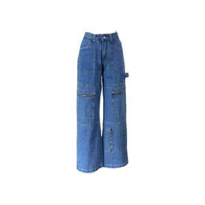 Detail view of high-waisted cargo jeans with utility pockets and metal zipper accents