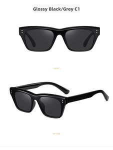 Close-up of shiny black square frame sunglasses with silver rivet and gray lenses