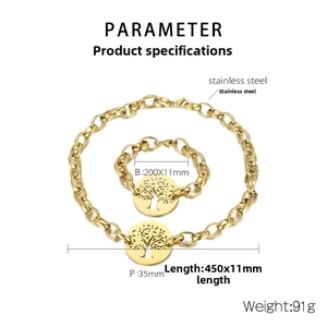Detailed technical specifications of the Tree of Life stainless steel necklace and bracelet set