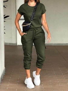 Army green two-piece set featuring short sleeve T-shirt and drawstring cargo pants with pockets