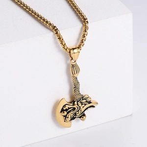 Chinese dragon axe pendant necklace in 18K gold plated stainless steel with box chain