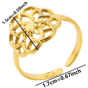 Détail de la bague ajustable avec motif fleur mandala de 1,5 cm et mesures de dimensions