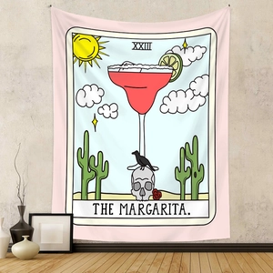 Bohemian tarot style Margarita tapestry with pink cocktail illustration for wall decor