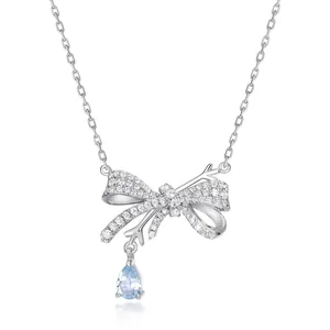 925 Sterling Silver Bow Ribbon Snowflake Necklace For Women Blue Water Drop Topaz Pendant Rhinestone Jewelry Christmas Gift