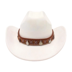 Detail of white cowboy hat featuring a bohemian woven band with vintage silver pendants