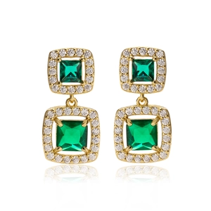 Luxury 18K gold plated square earrings with emerald cut green stone and tiny crystals