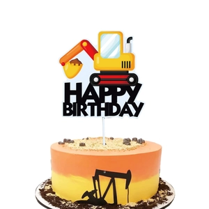 Construction excavator theme cake topper with Happy Birthday sign for kids party