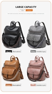 Close-up of four colors of PU leather backpacks with geometric patterned shoulder straps