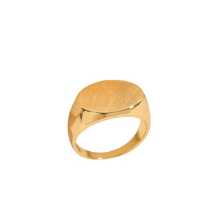Polished 14K gold-plated geometric signet ring with an oval flat top in a 45-degree view