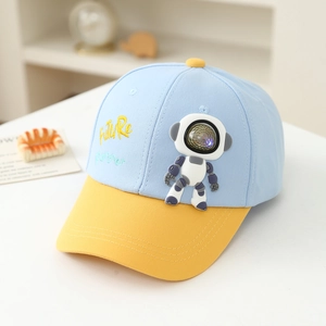 Detail of blue and yellow kids baseball cap with 3D astronaut and Future Partner embroidery