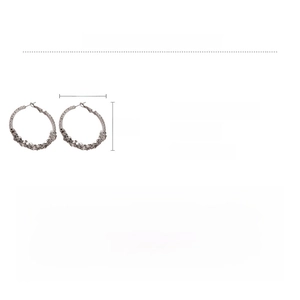 Detailed size and material specification chart for geometric rhinestone hoop earrings