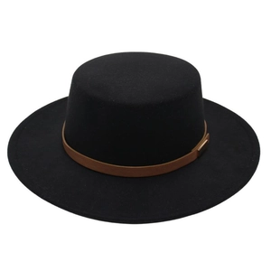 Classic black wool felt boater hat with brown leather band and gold buckle detail