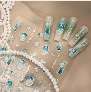 Close-up of 3D embossed floral nail stickers with Chinese style ink flower patterns