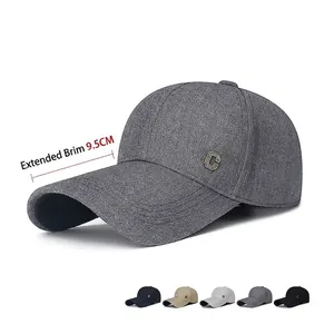 Men Baseball Cap Long Brim Adjustable Hard Top Polyester Blend Marl Texture Metal Letter C Sun Protection Outdoor Sport Casual