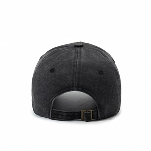Back view of washed denim baseball cap in dark grey with adjustable metal buckle strap