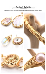 Macro detail of handmade wire-wrapped baroque pearls and crystal jewelry on wood