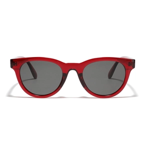 Modern round translucent red frame sunglasses with dark grey UV protective lenses