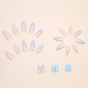 Pink and baby blue French almond fake nails set with glossy finish for manicure