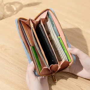 Light blue PU leather long floral wallet with zipper and large capacity for smartphone