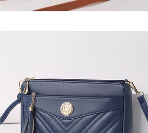 Close-up of dark blue quilted leather cross-body bag with gold hardware zipper and tassel.