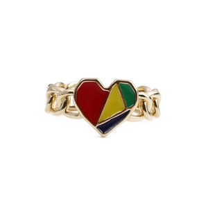Detailed shot of golden chain ring featuring a colorful enamel heart with geometric sections