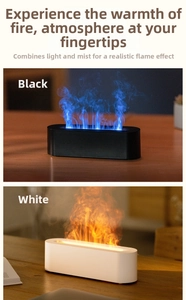 Detailed comparison of black and white aroma diffusers with blue and orange 3D flame effects