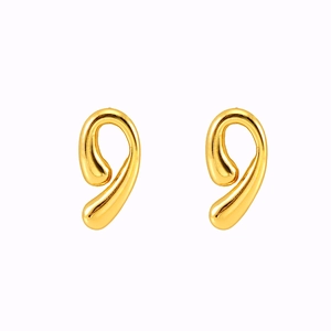 Detailed view of polished gold comma-shaped earrings with a sleek minimalist drop design