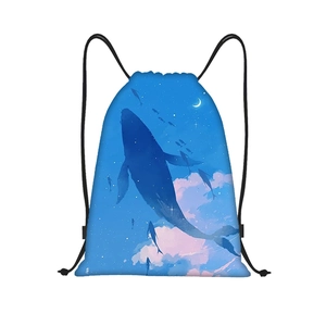 Close-up of whale and starry sky print on durable oxford drawstring backpack bag