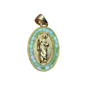 Oval Jesus pendant with gold-plated metal frame and colorful shell inlay on white background