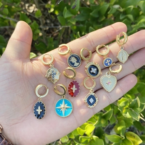 Hoop Earrings With Charms Stainless Steel Enamel Cross Heart Star Queen Coin Virgin Mary Vintage Punk Jewelry For Women